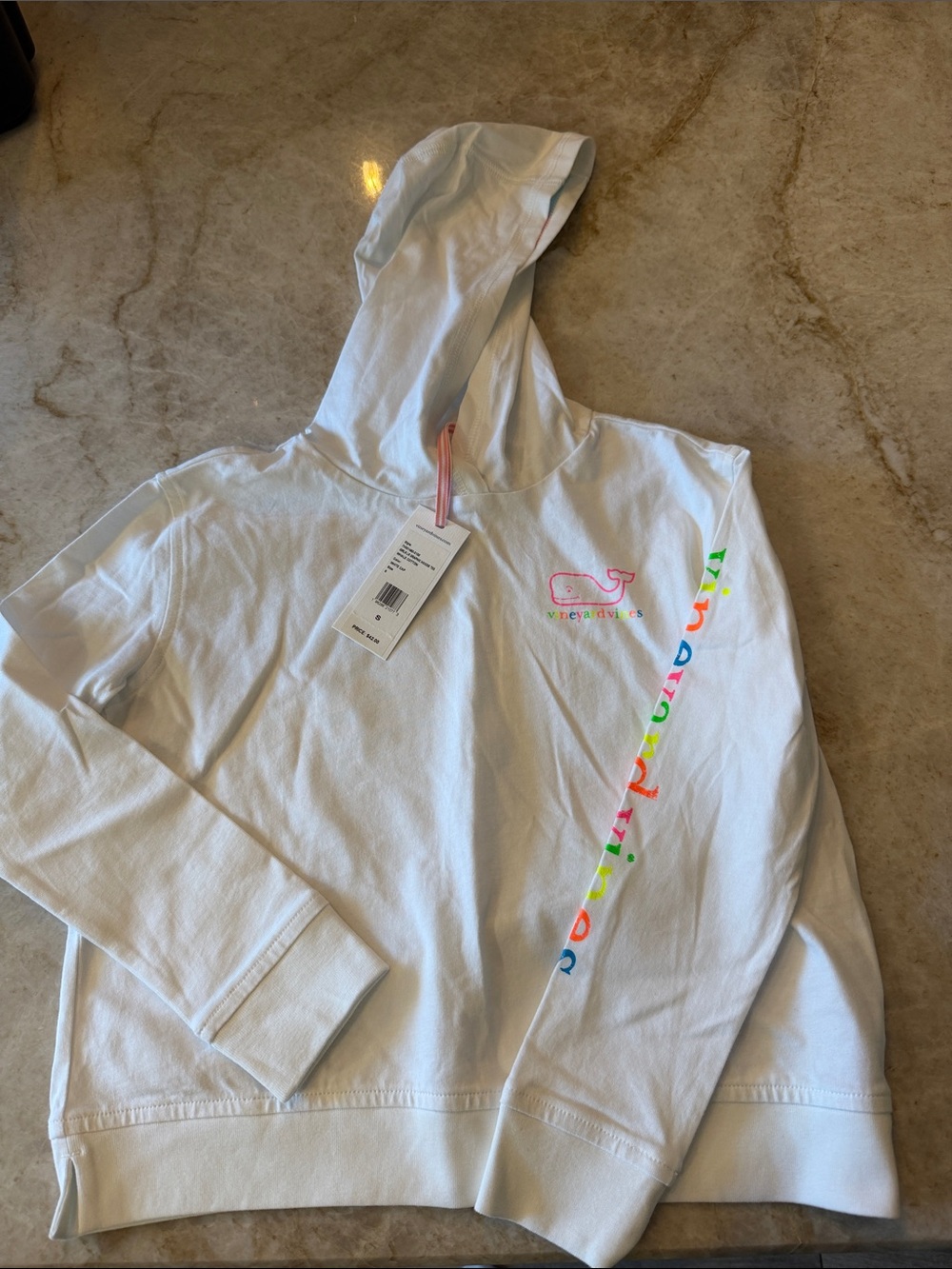 Vineyard Vines White Kids Hoodie with Neon Whale and Multicolor Sleeve